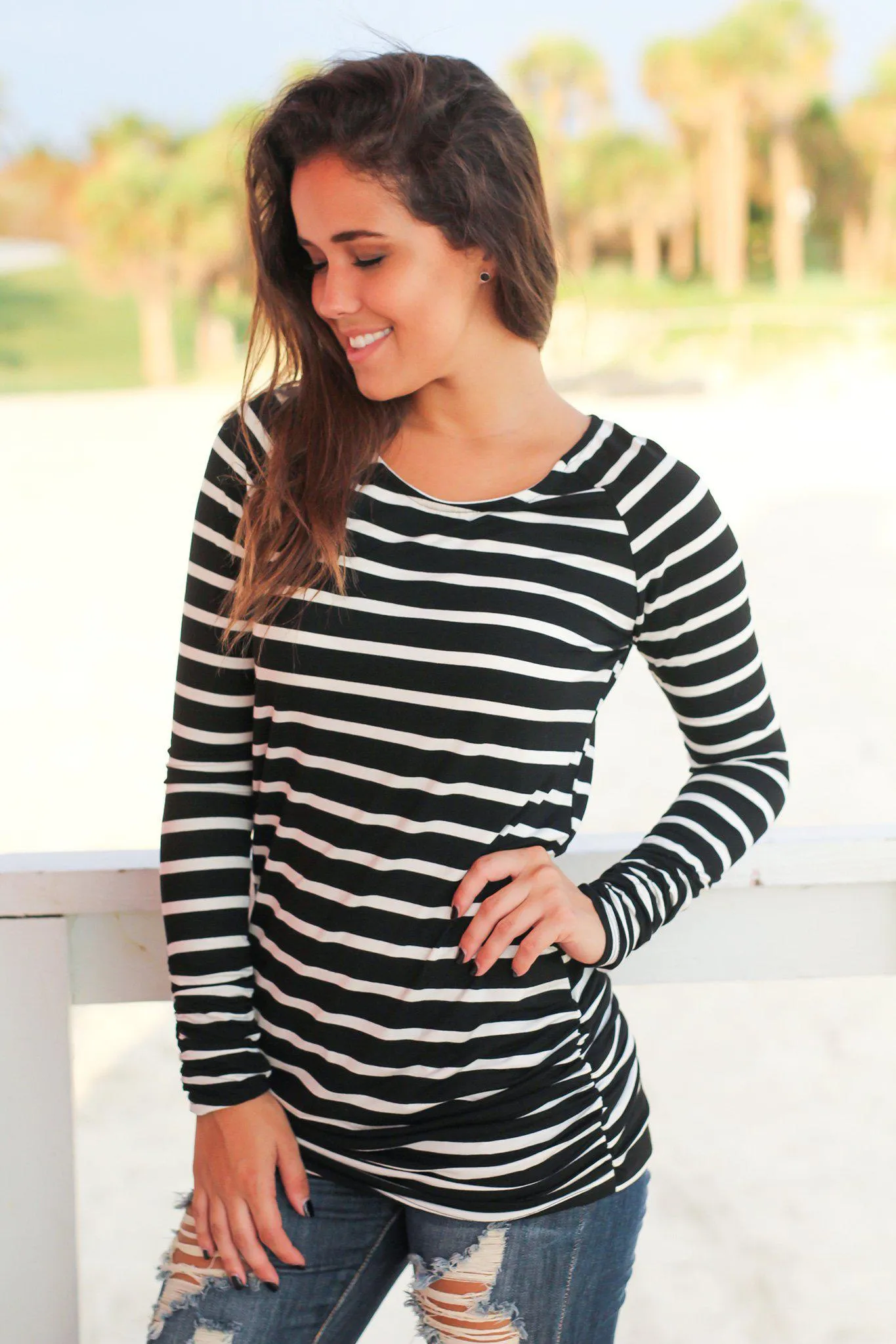 Ivory and Black Striped Ruched Tunic