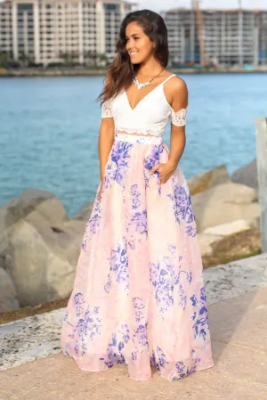 Ivory and Blue Floral Maxi Dress