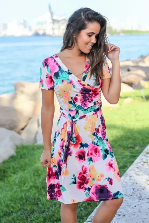 Ivory and Hot Pink Floral Short Dress