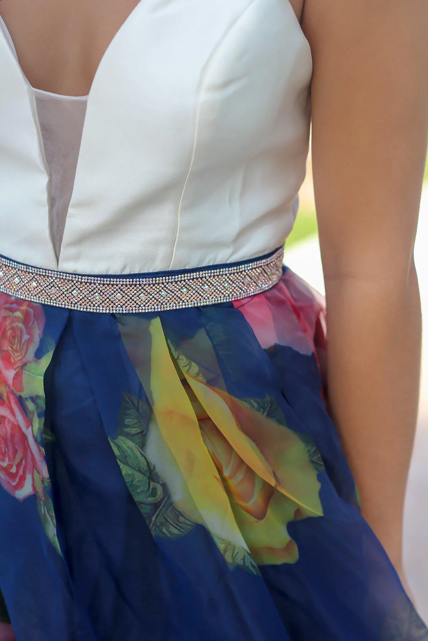 Ivory and Navy Floral Maxi Dress with Criss Cross Back