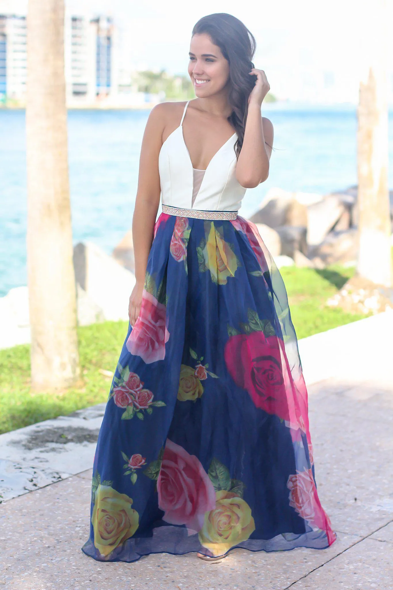 Ivory and Navy Floral Maxi Dress with Criss Cross Back