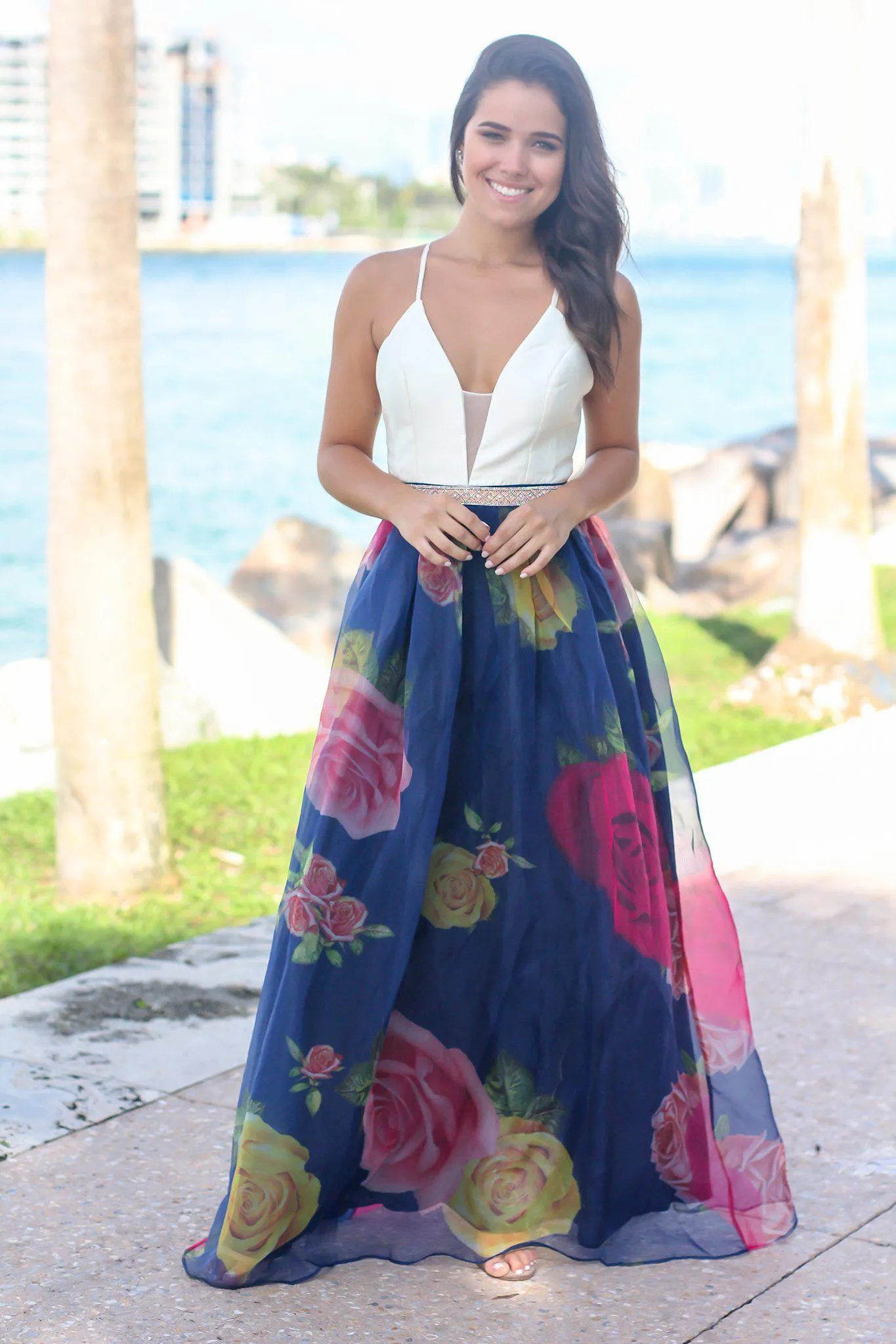 Ivory and Navy Floral Maxi Dress with Criss Cross Back