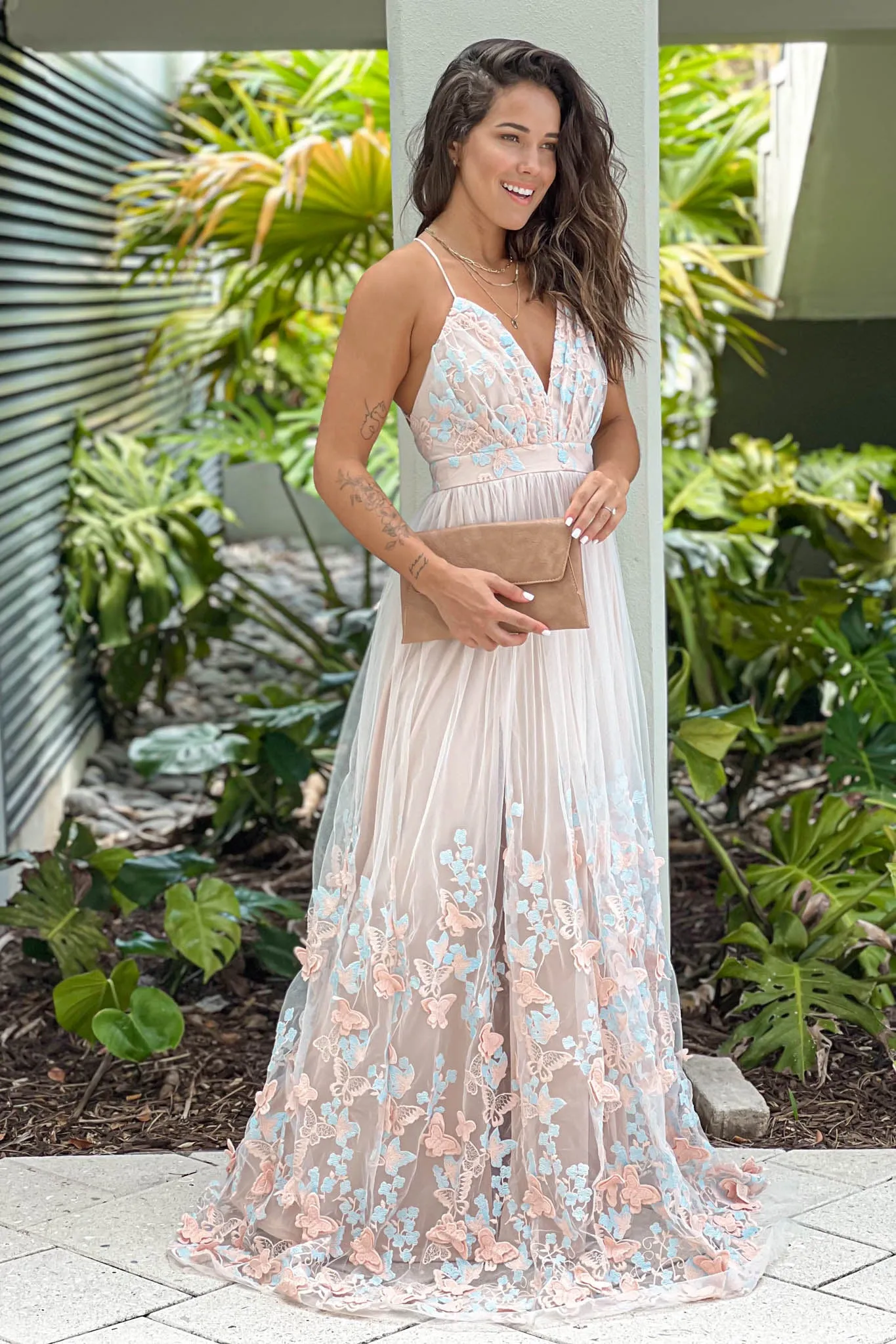 Ivory And Nude Mesh Butterfly Maxi Dress