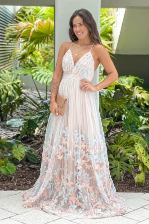 Ivory And Nude Mesh Butterfly Maxi Dress