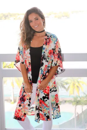 Ivory and Orange Floral Kimono