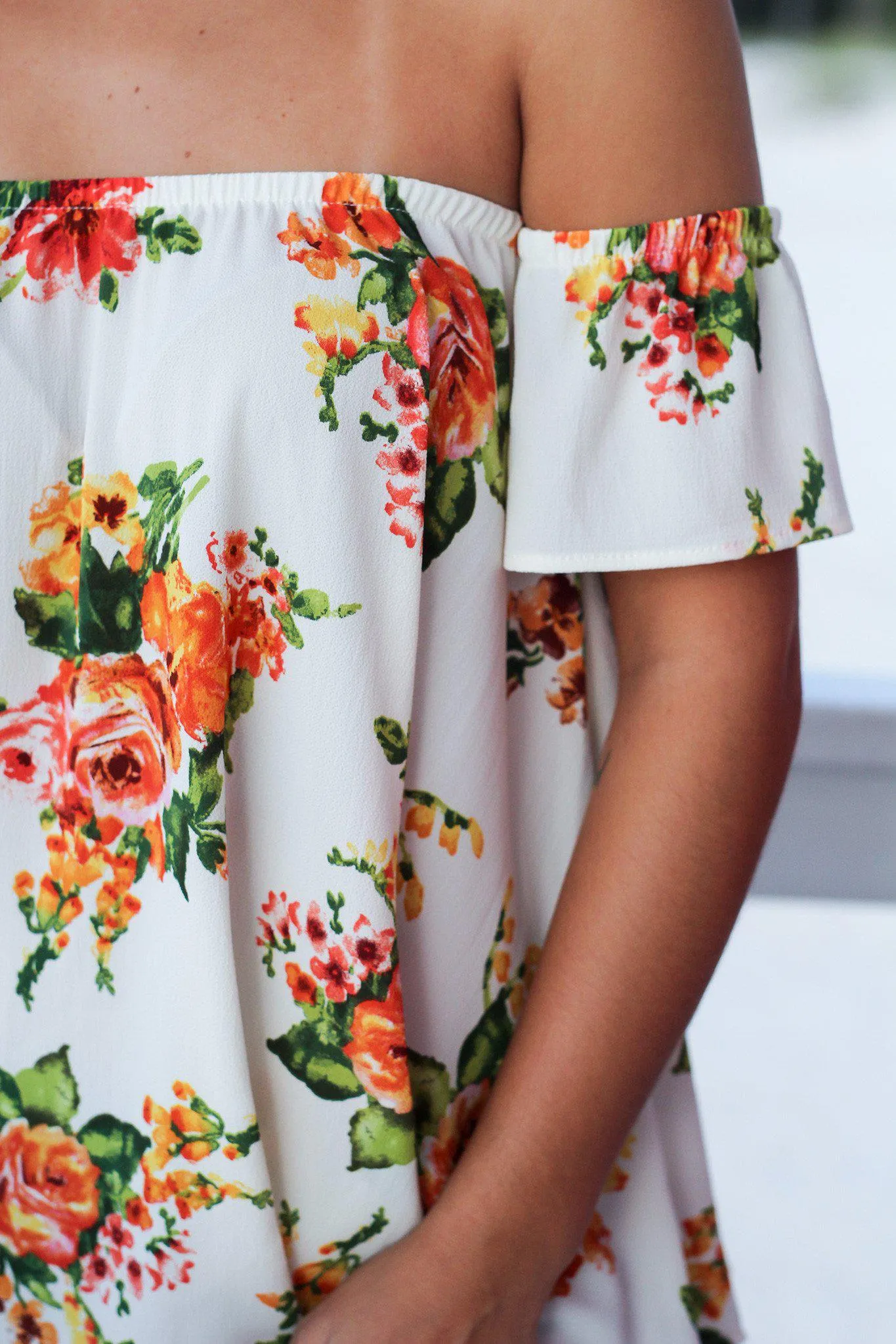 Ivory and Peach Floral Off Shoulder Top