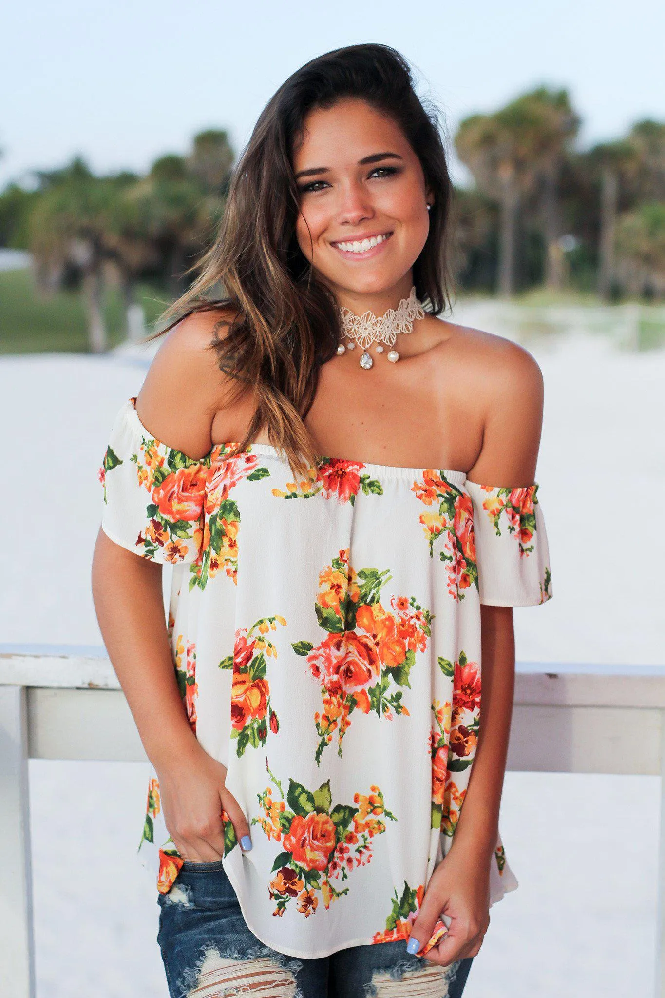 Ivory and Peach Floral Off Shoulder Top