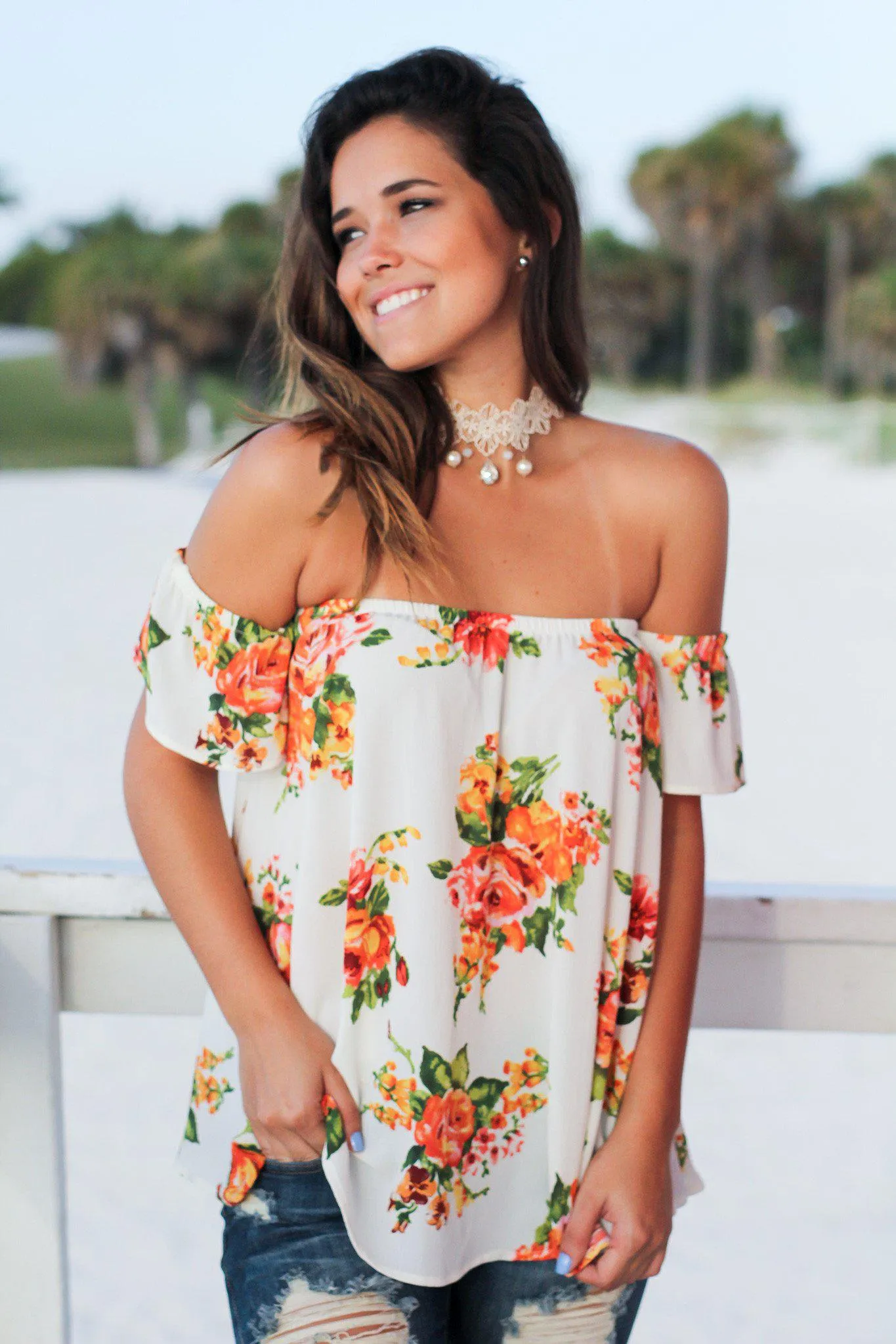 Ivory and Peach Floral Off Shoulder Top