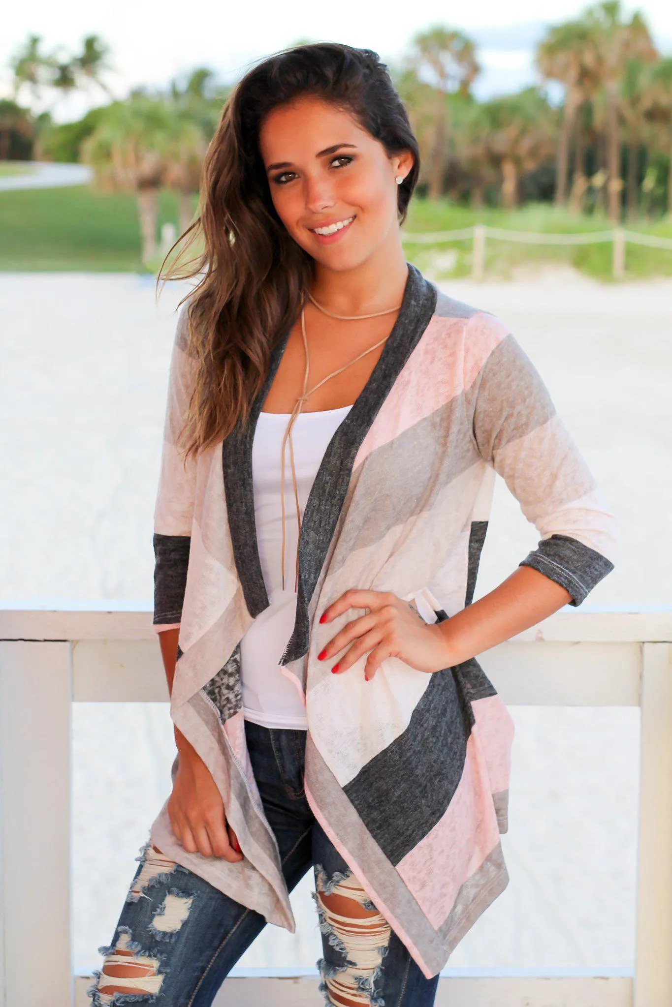 Ivory and Pink Color Block Cardigan