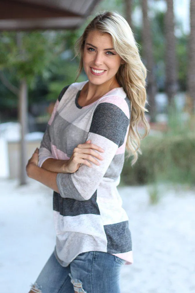 Ivory And Pink Color Block Top