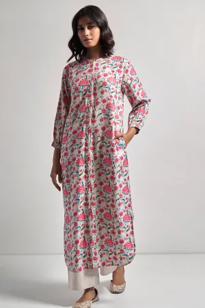 Ivory and Pink Front Open Chintz Printed Pashmina Long Kurta Set