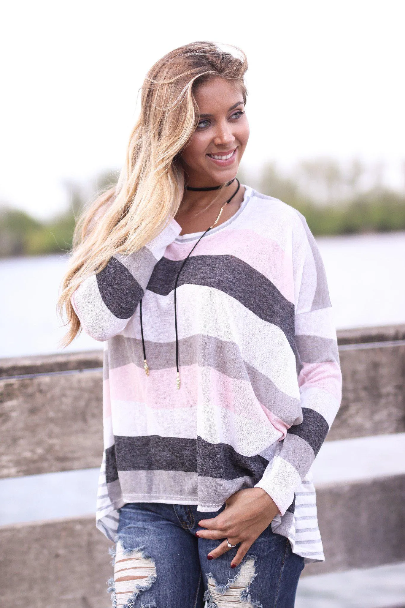 Ivory And Pink Top with Striped Back