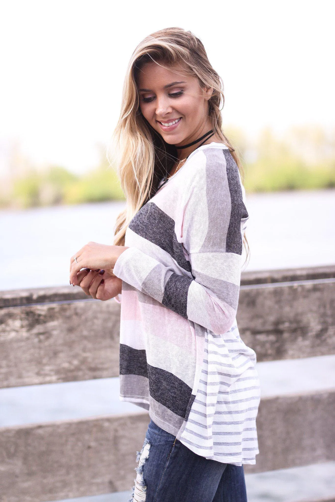 Ivory And Pink Top with Striped Back