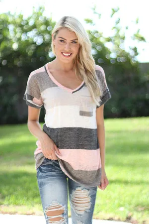 Ivory and Pink V-Neck Top