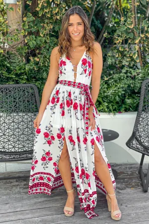 Ivory and Red Floral Maxi Dress With Waist Tie