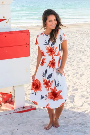 Ivory and Rust Floral Midi Dress