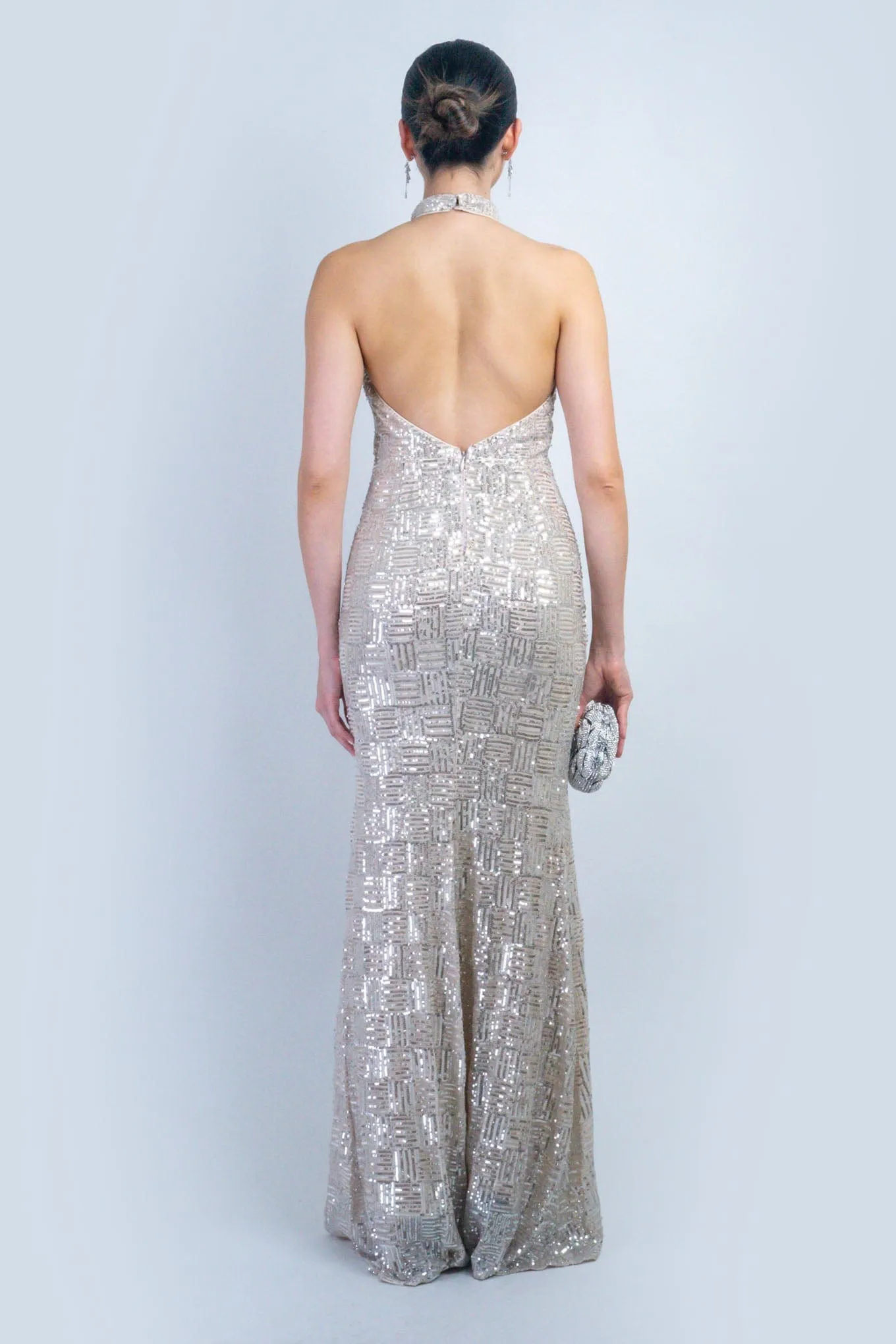 Ivory and Silver Halter Sequin Gown