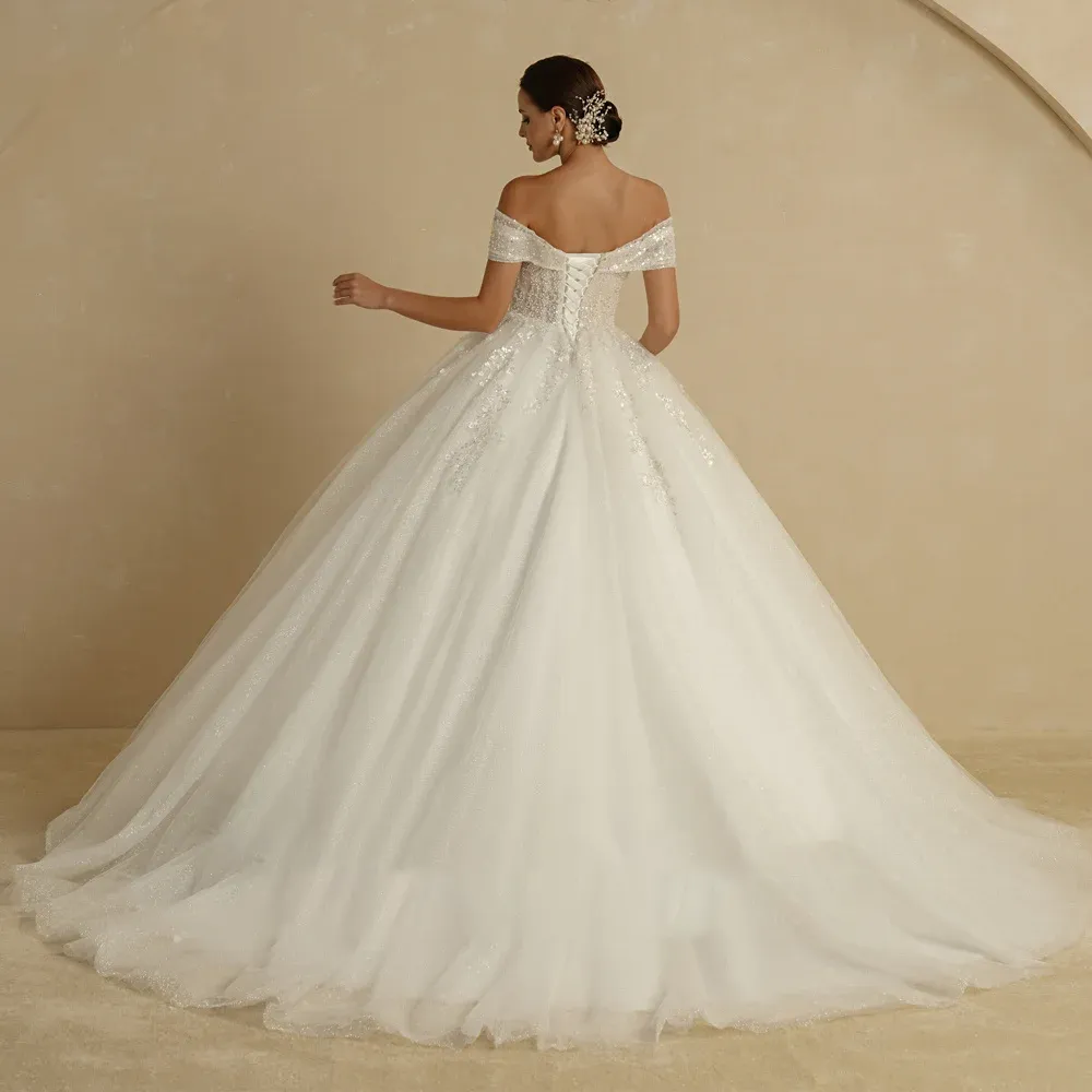 Ivory Beading Princess Wedding Dresses Off The Shoulder Sleeveless Glitter Ball Bridal Gown Robes