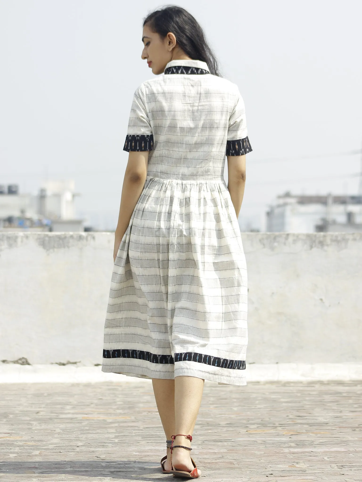 Ivory Black Blue Handwoven Ikat Dress With Pockets and Gathers -  D116F950