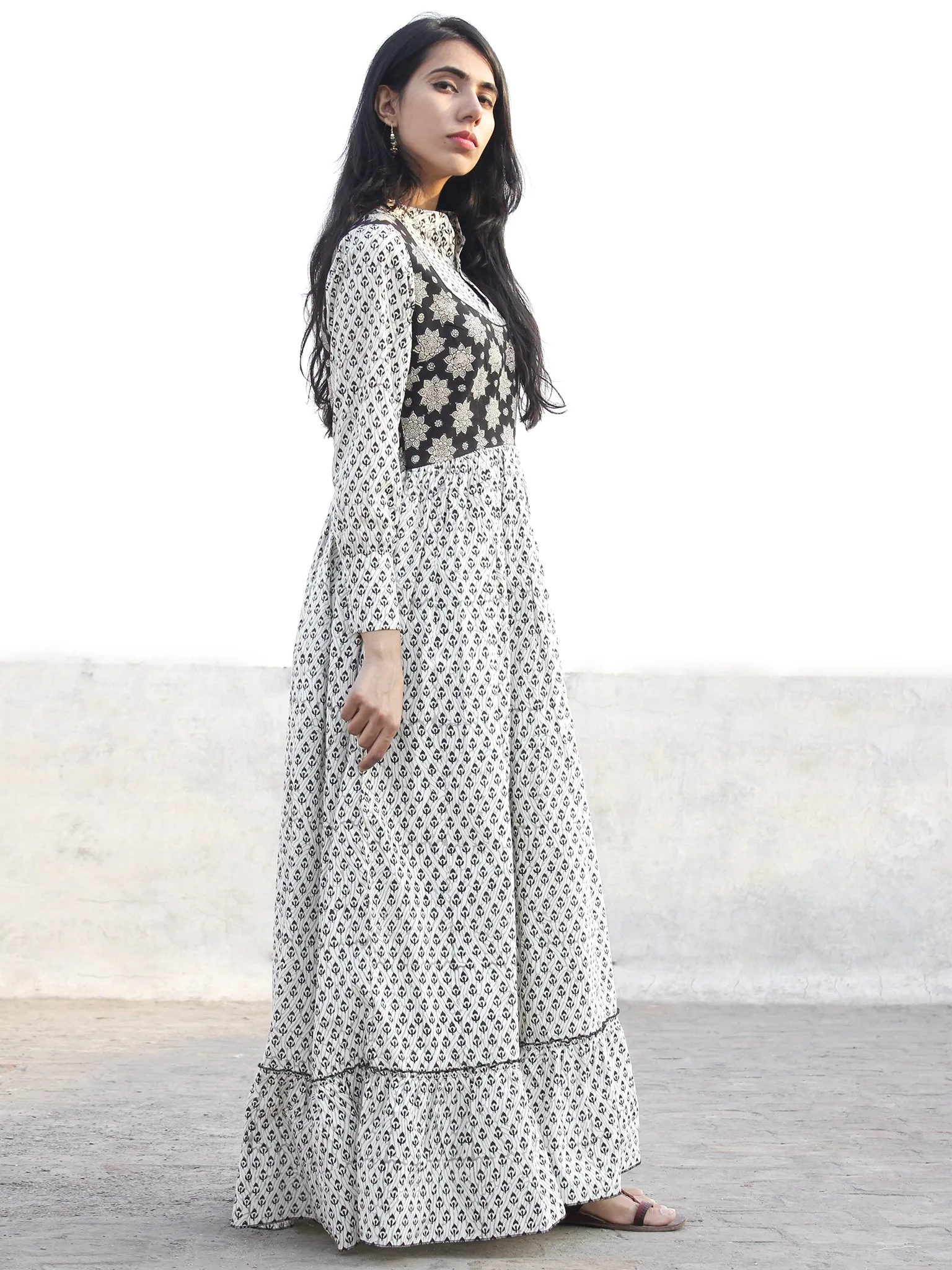 Ivory Black Grey Hand Block Printed Cotton Long Dress With Stand Collar  - D174F1058