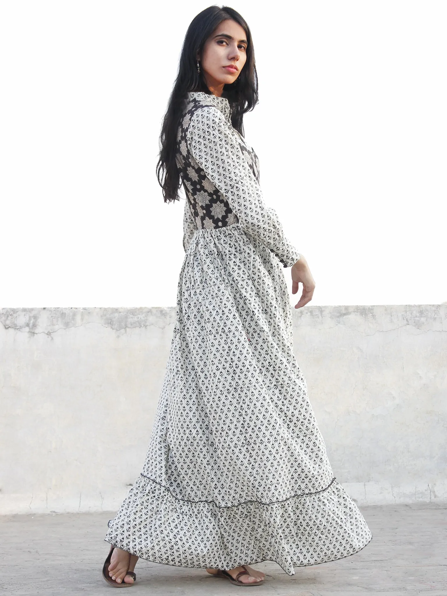 Ivory Black Grey Hand Block Printed Cotton Long Dress With Stand Collar  - D174F1058