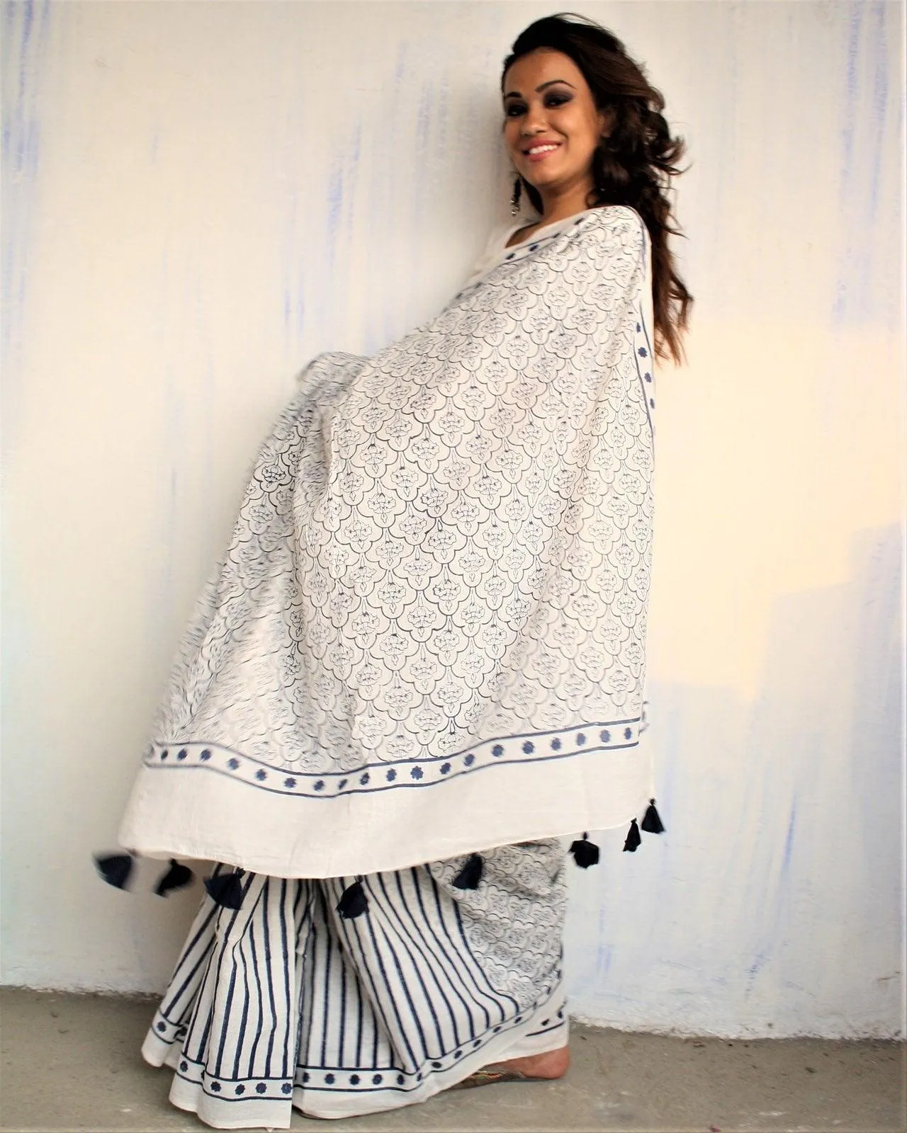 Ivory Blue Block Printed Cotton Mul Saree