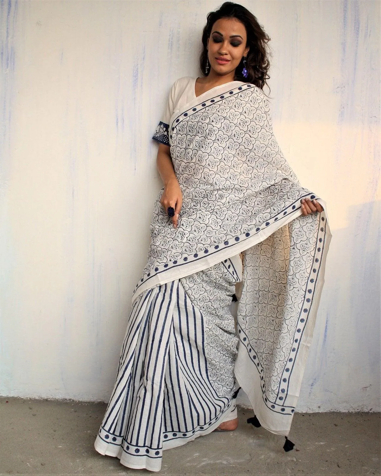 Ivory Blue Block Printed Cotton Mul Saree