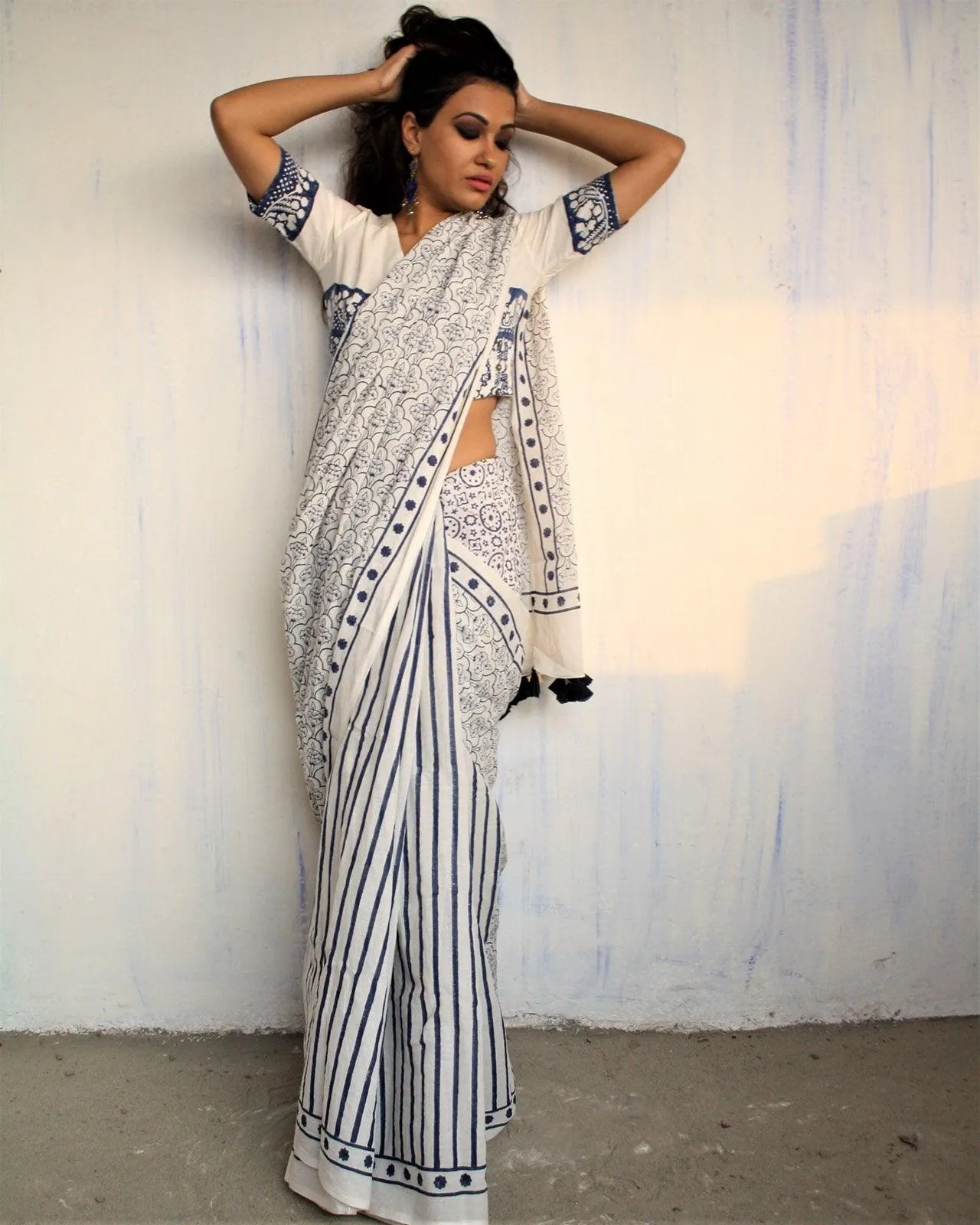 Ivory Blue Block Printed Cotton Mul Saree