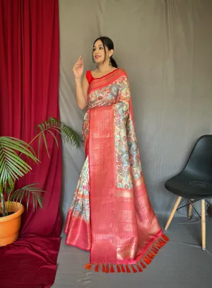 Ivory Cream Saree in Banarasi Silk Woven with Kalamkari Prints