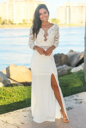 Ivory Crochet Top Maxi Dress with 3/4 Sleeves and Side Slit