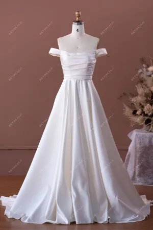 Ivory Elegant Ruched OFF-shoulder Satin Chapel Train Wedding Dress