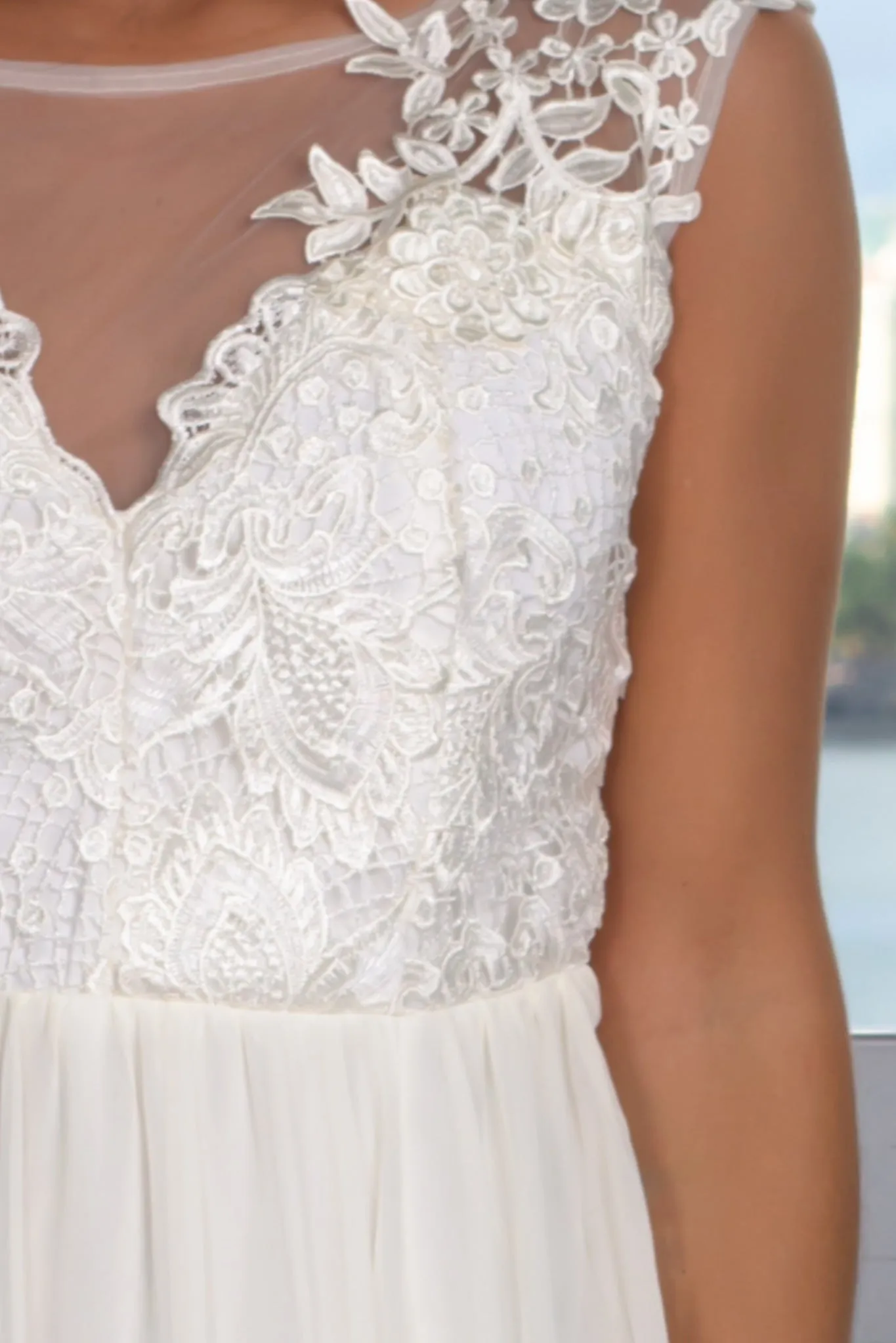 Ivory Embroidered Top Maxi Dress with Tulle Back