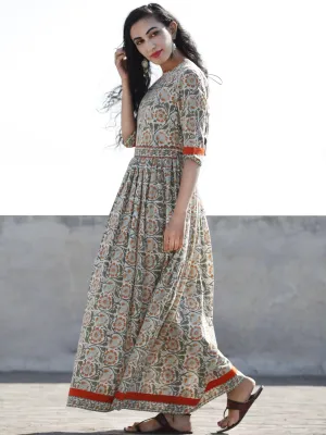 Ivory Green Orange Red Hand Block Printed Long Cotton Dress With Back Style  - D189F1059