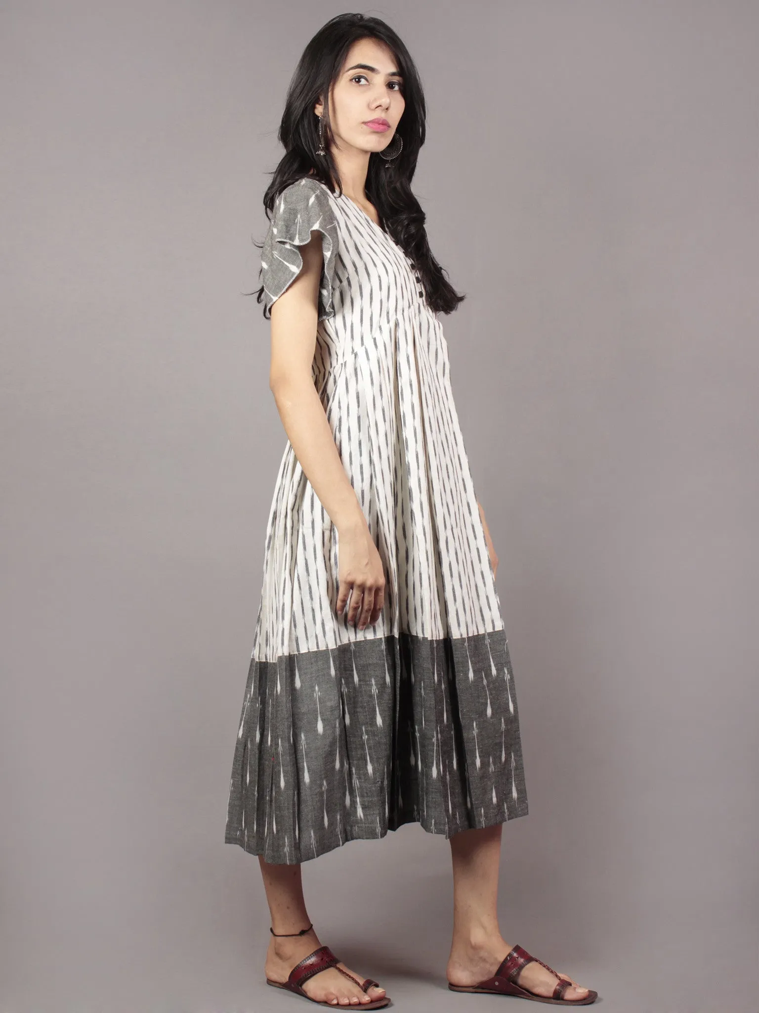 Ivory Grey Handwoven Ikat Pleated Dress With Flared Sleeves & Side Pockets  - D64F751