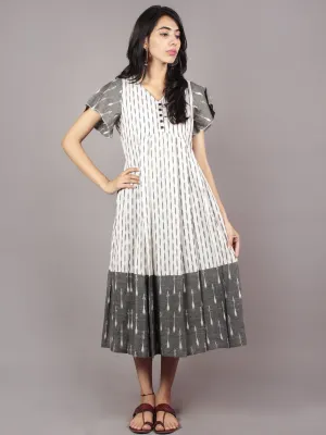 Ivory Grey Handwoven Ikat Pleated Dress With Flared Sleeves & Side Pockets  - D64F751