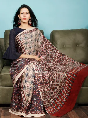 Ivory Indigo Red Ajrakh Hand Block Printed Modal Silk Saree in Natural Colors - S031703373