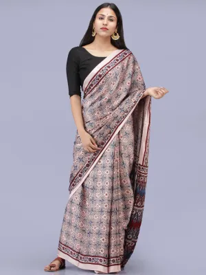 Ivory Indigo Red Ajrakh Hand Block Printed Modal Silk Saree - S031704222