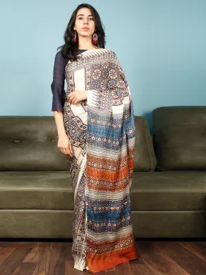 Ivory Indigo Rust Ajrakh Hand Block Printed Modal Silk Saree in Natural Colors - S031703374