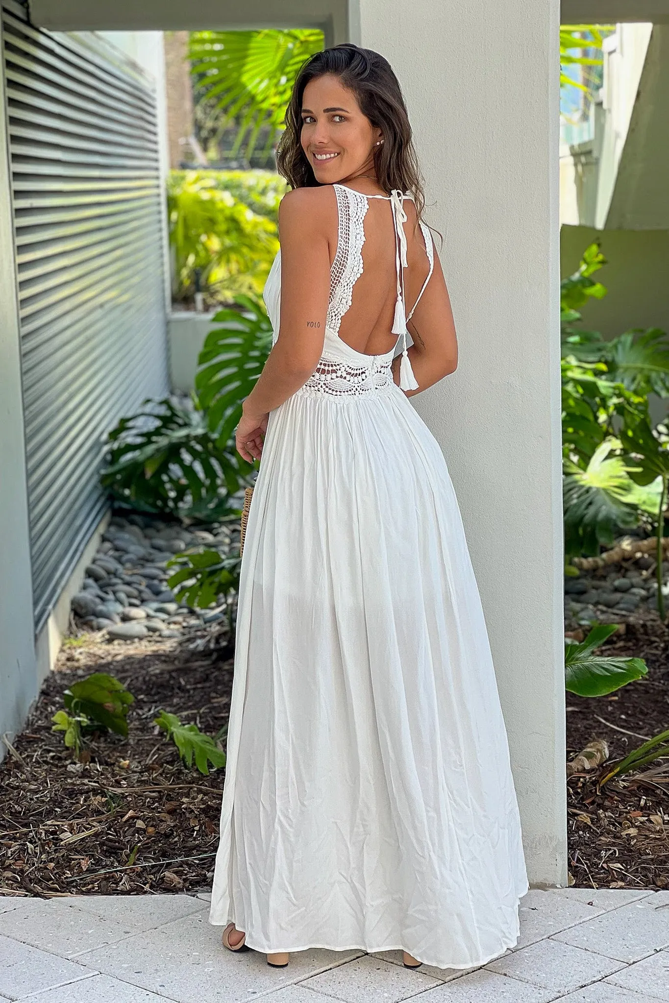 Ivory Maxi Dress With Crochet Trim