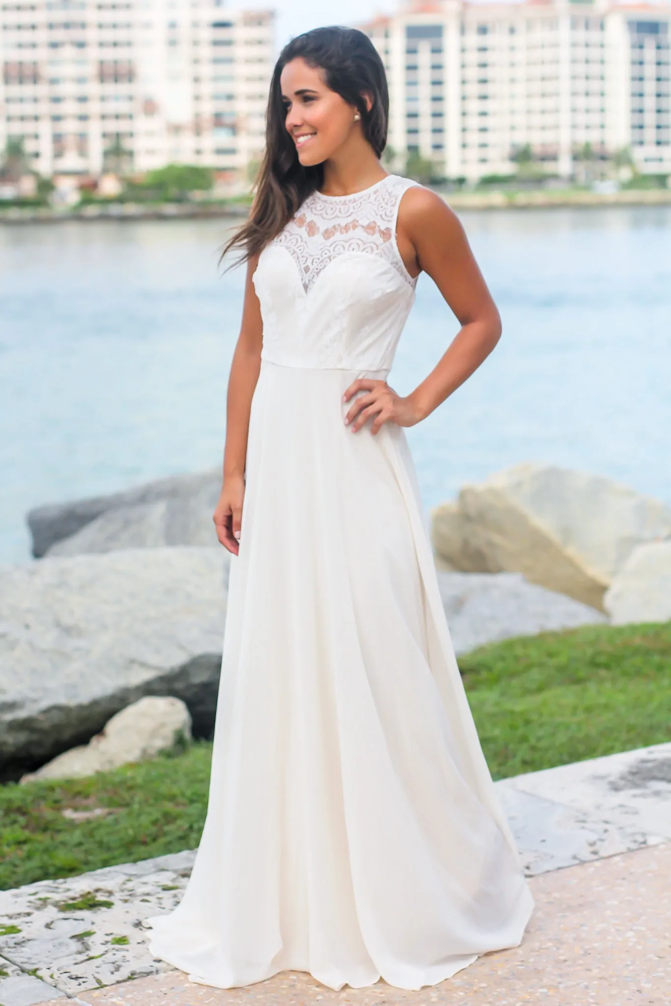 Ivory Maxi Dress with Lace Top and Mesh Back