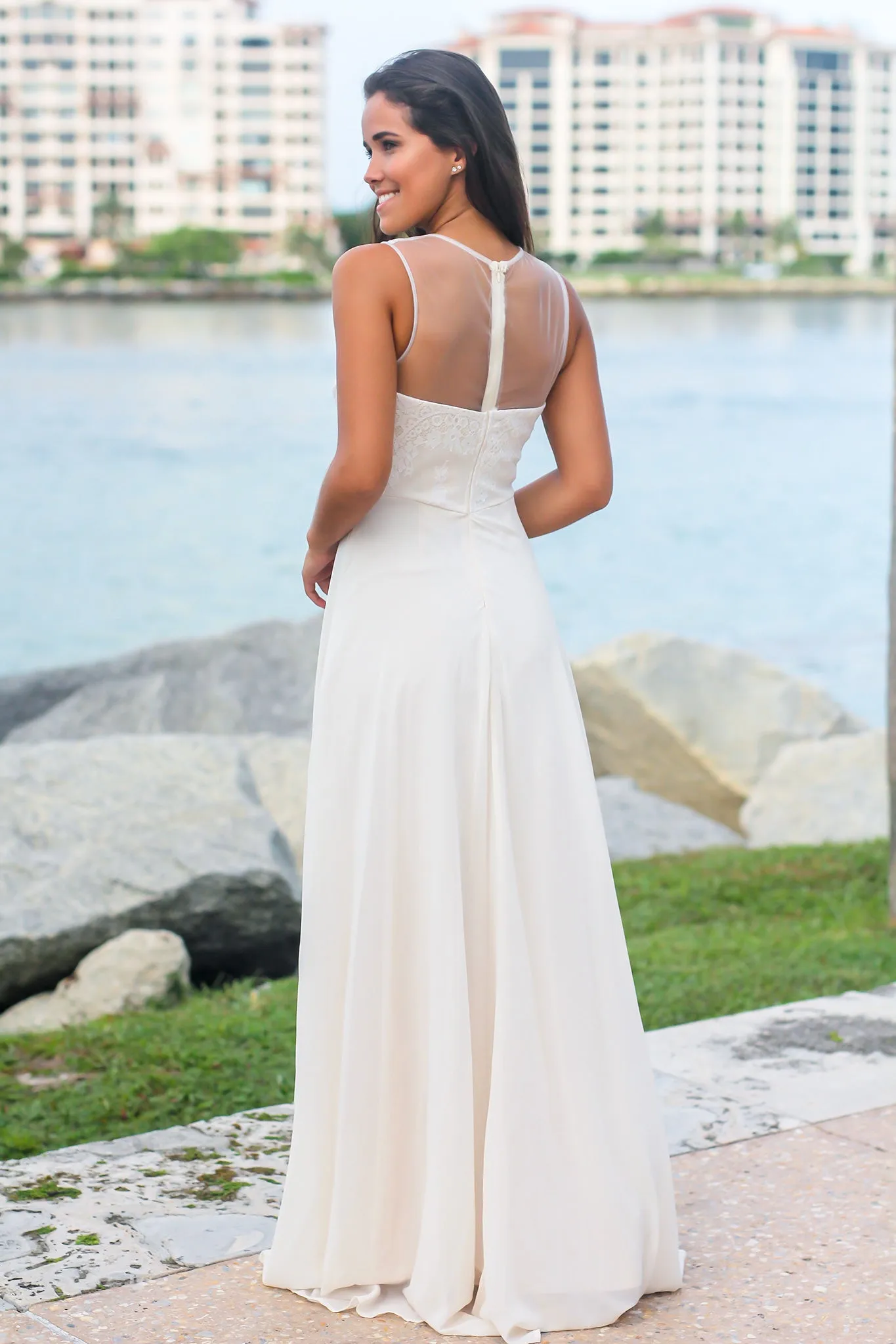 Ivory Maxi Dress with Lace Top and Mesh Back