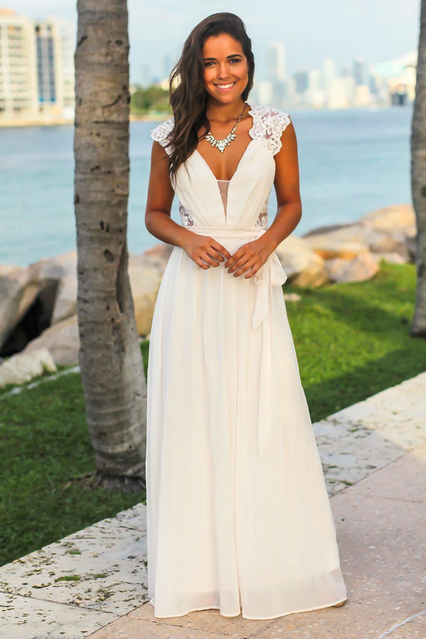 Ivory Maxi Dress with Open Embroidered Back Detail