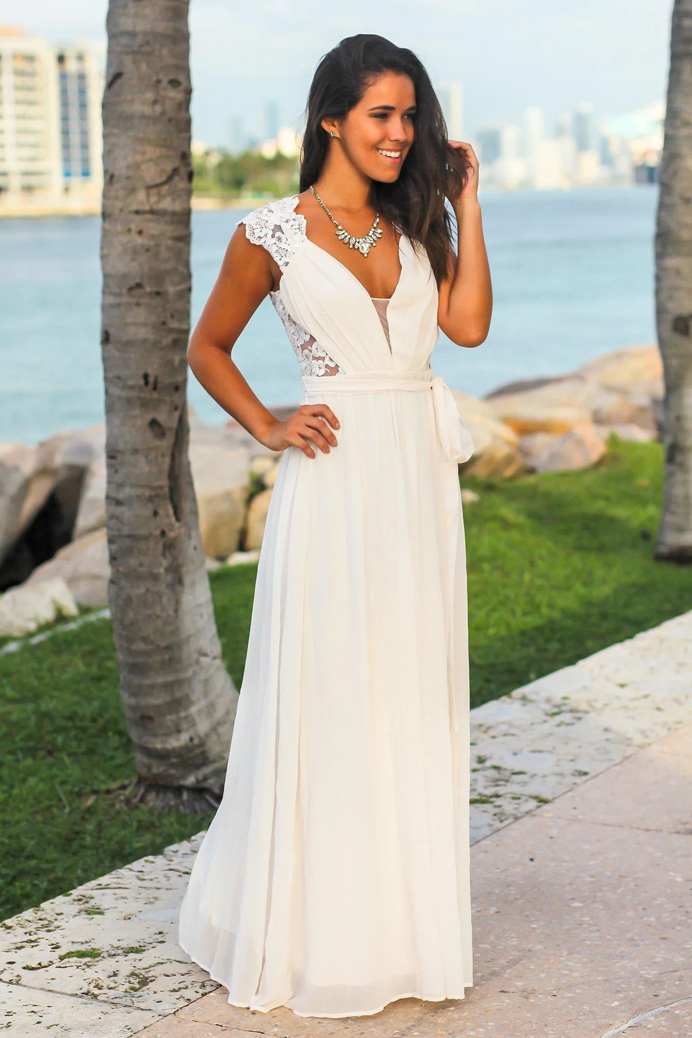 Ivory Maxi Dress with Open Embroidered Back Detail