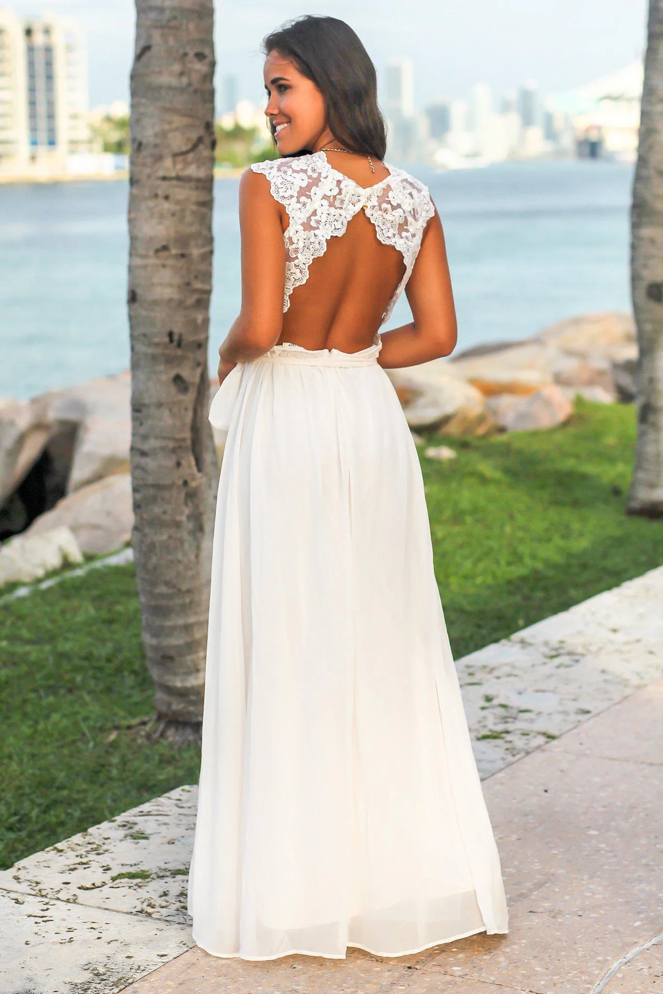 Ivory Maxi Dress with Open Embroidered Back Detail