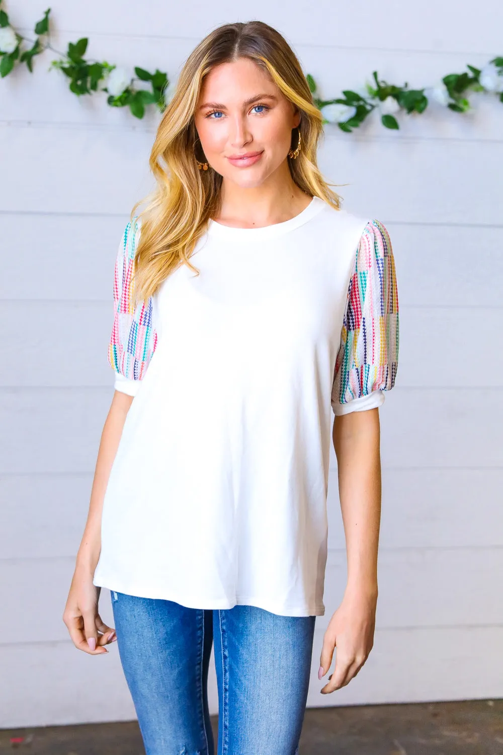 Ivory Multicolor Stripe Puff Sleeve Top