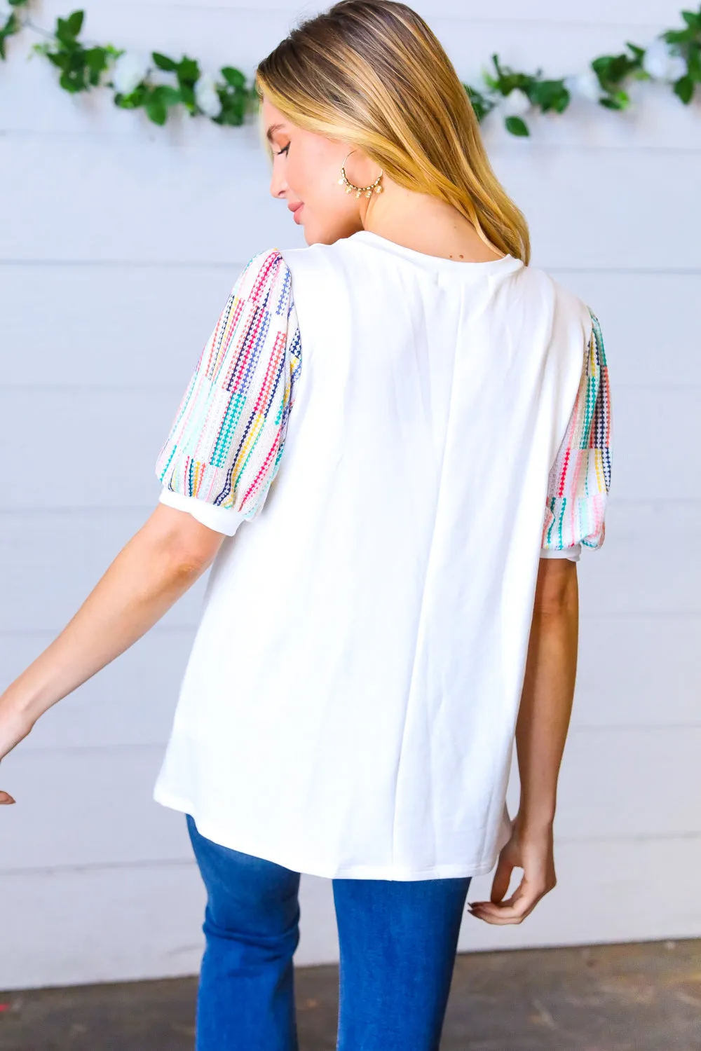 Ivory Multicolor Stripe Puff Sleeve Top