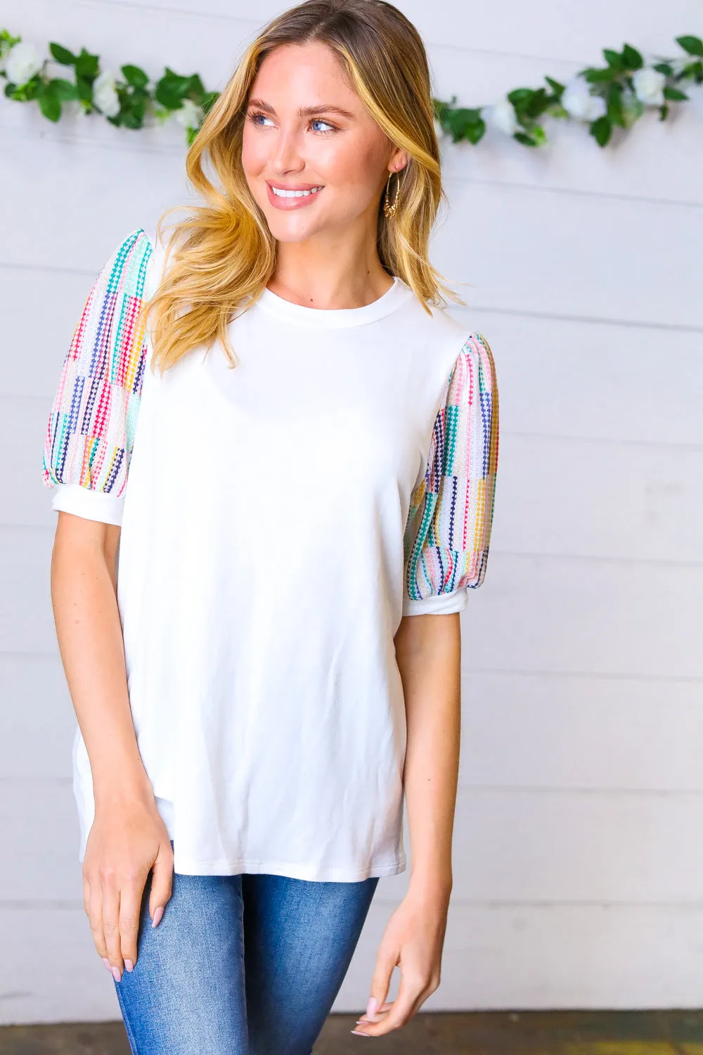 Ivory Multicolor Stripe Puff Sleeve Top