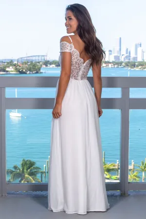 Ivory Off Shoulder Embroidered Maxi Dress with Side Slit