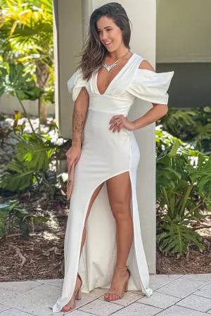 Ivory Open Shoulder Maxi Dress With Slit