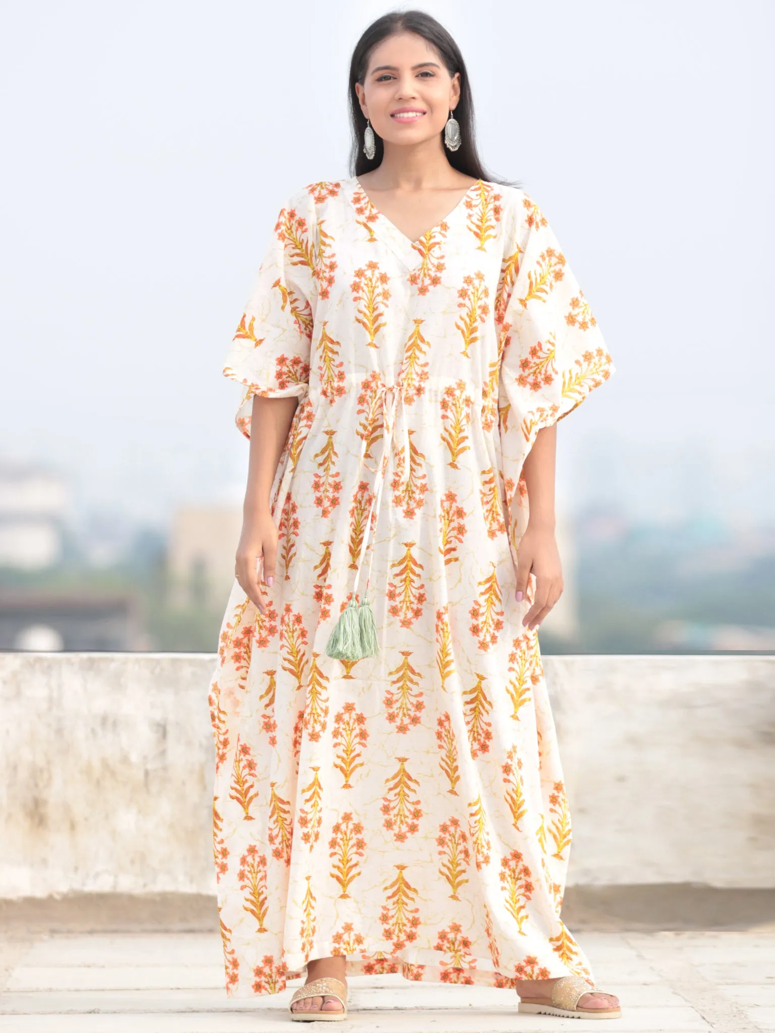 Ivory Peach Green Hand Block Printed Kaftan - K006F2047